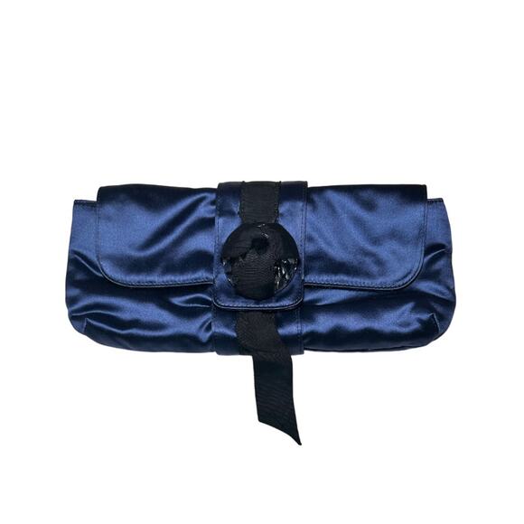Lanvin Paris Navy & Black Satin Embellished Flap Clutch Handbag Bag